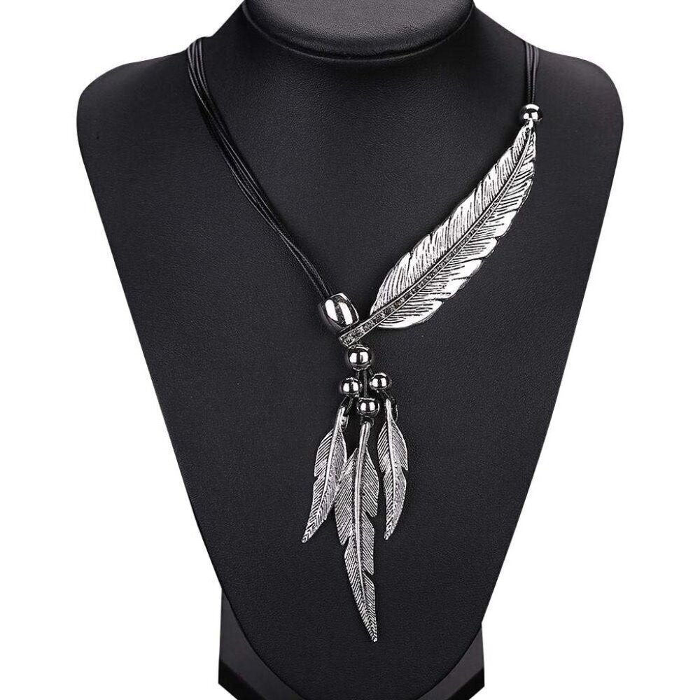 Boho Silver Feather Pendant Necklace Vintage Statement Jewelry for Women